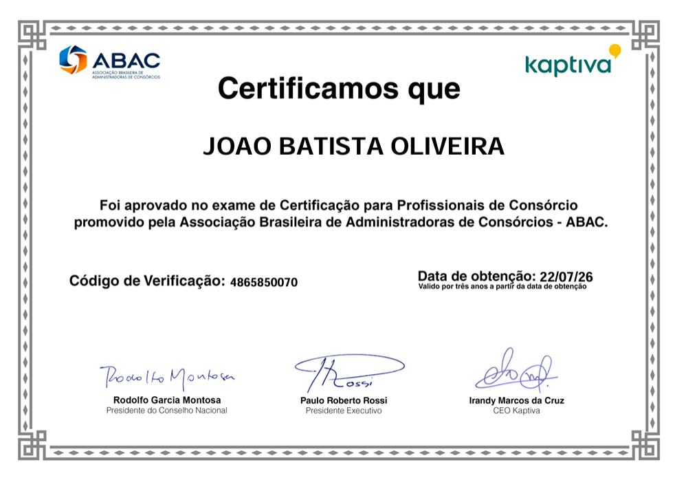 Miniatura do Certificado ABAC Oficial de João Batista Oliveira