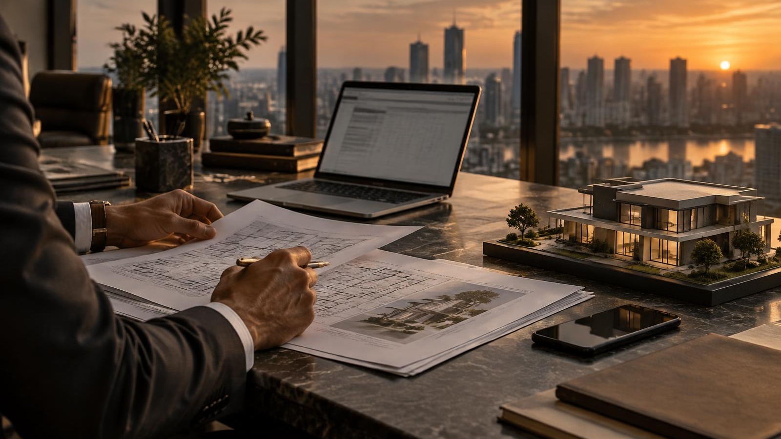 Pessoa analisando o planejamento de compra de um imóvel em um ambiente executivo