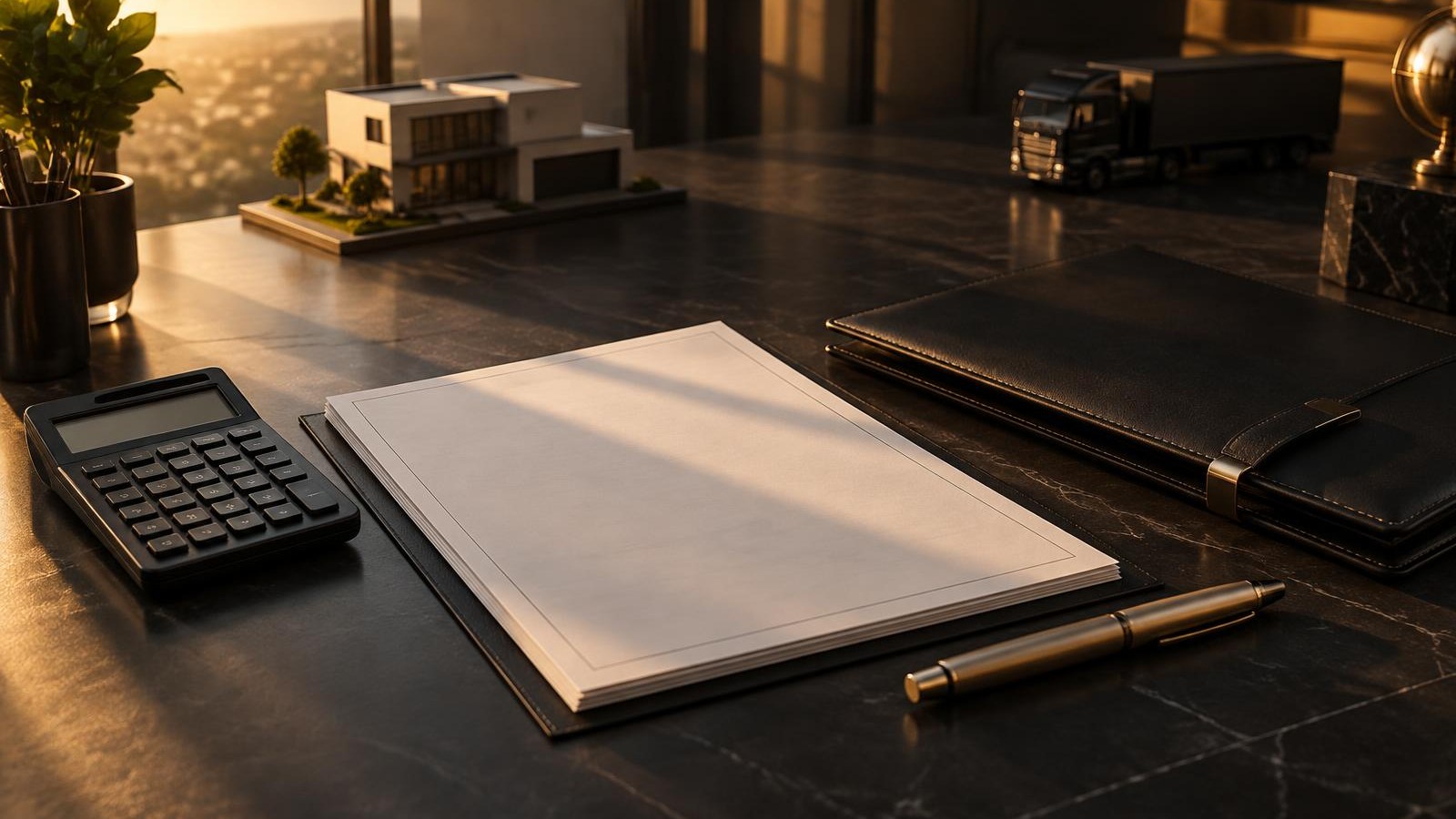 Documentos e calculadora sobre mesa escura com miniaturas de imóvel e caminhão ao fundo em luz dourada
