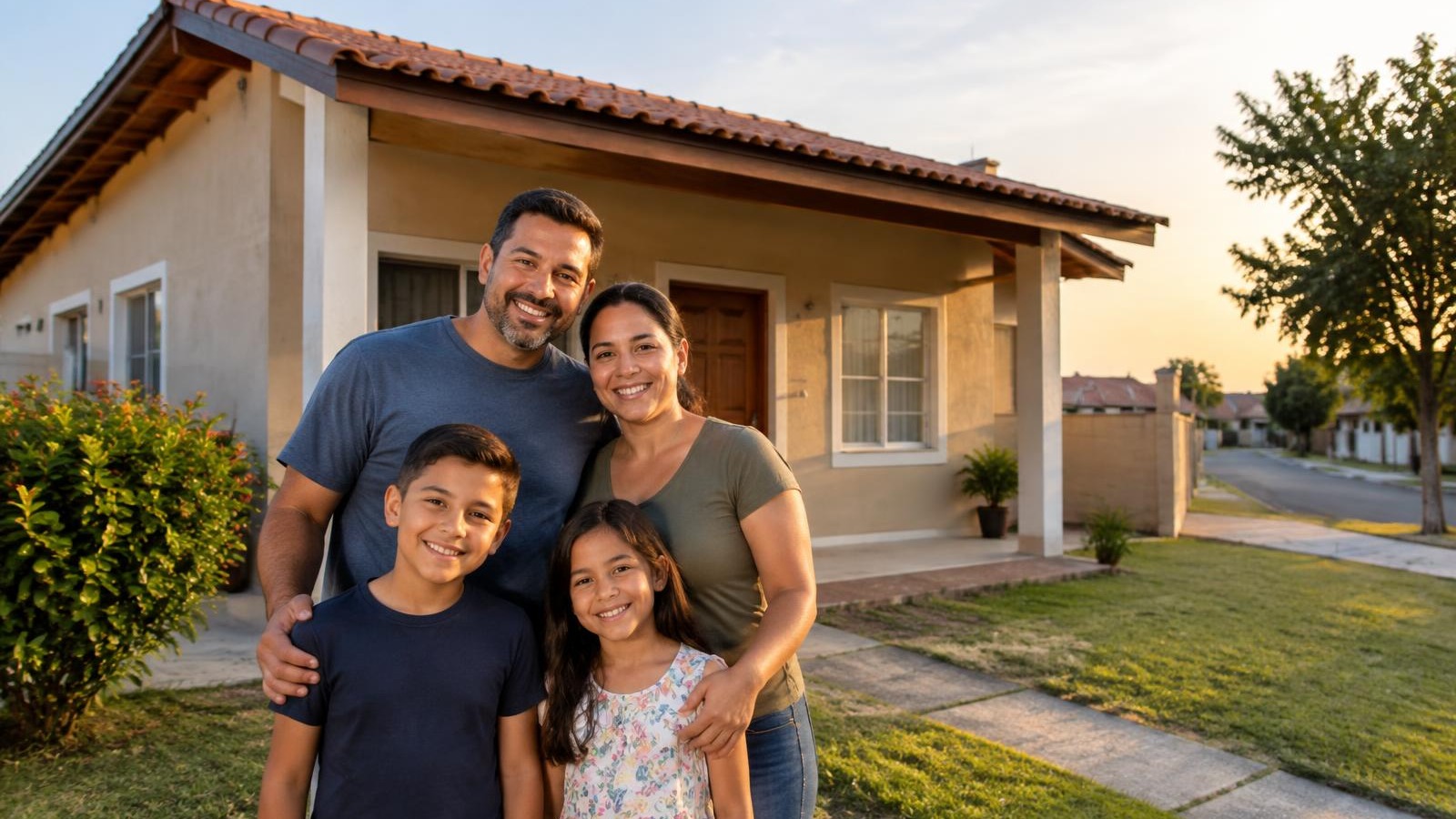 Família diante de uma casa representando o planejamento para conquistar a casa própria