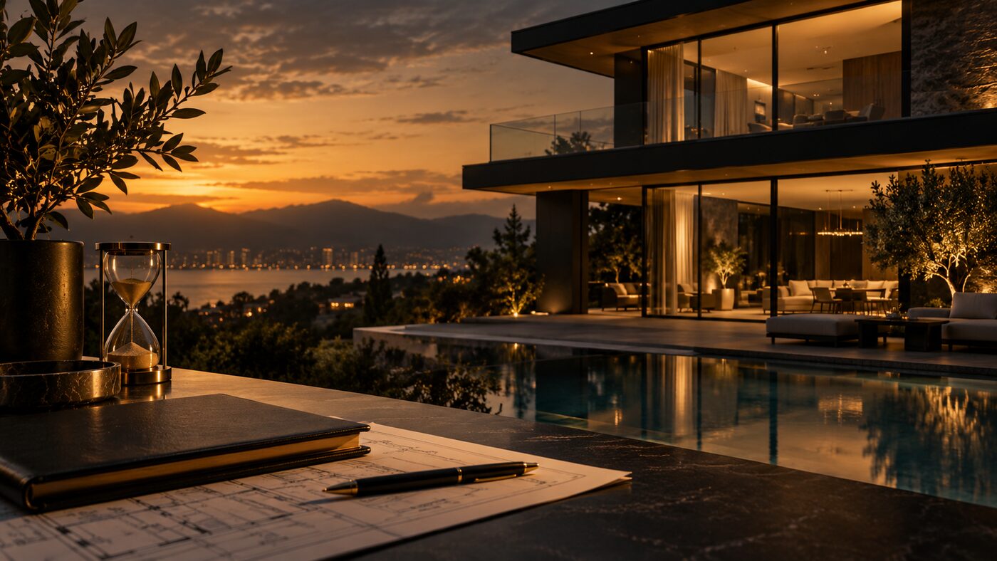 Casa moderna ao entardecer com planta, caneta e ampulheta representando o planejamento para comprar um imóvel