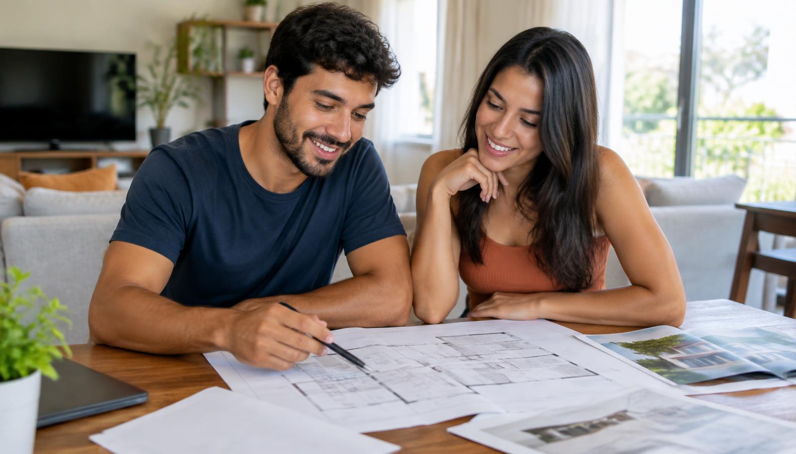 Casal jovem em casa, à mesa, planejando com calma a compra da casa própria com plantas e documentos