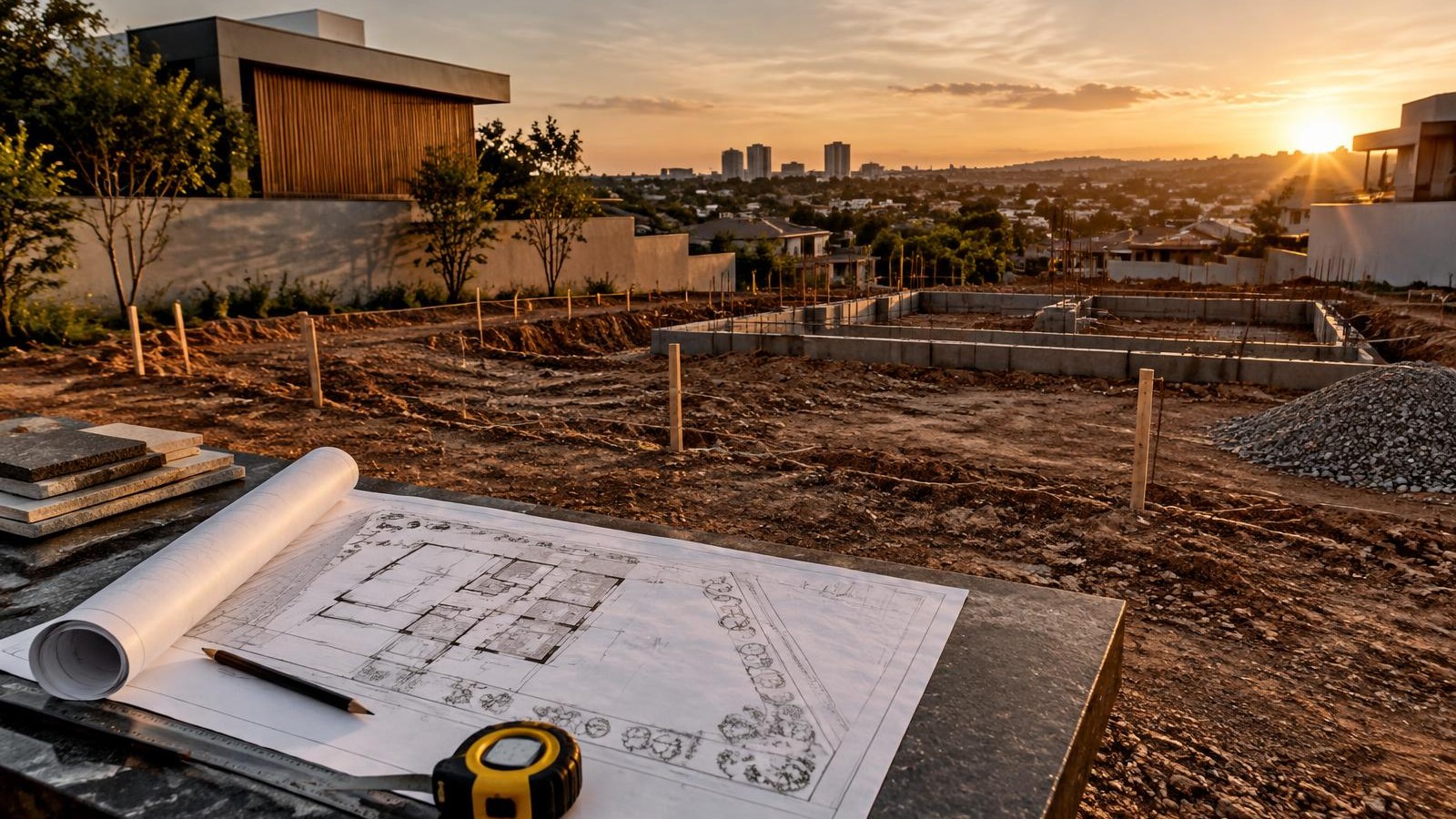 Terreno em preparação para construção ao pôr do sol, com projeto arquitetônico e trena em primeiro plano.